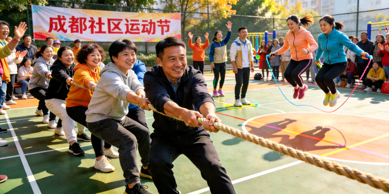 成都社区运动节火热场面 - 居民参与拔河、跳绳等传统趣味运动会