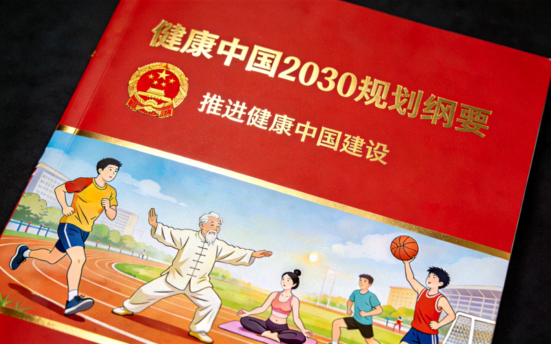 《健康中国2030规划纲要》政策文件封面与全民健身活动场景融合图