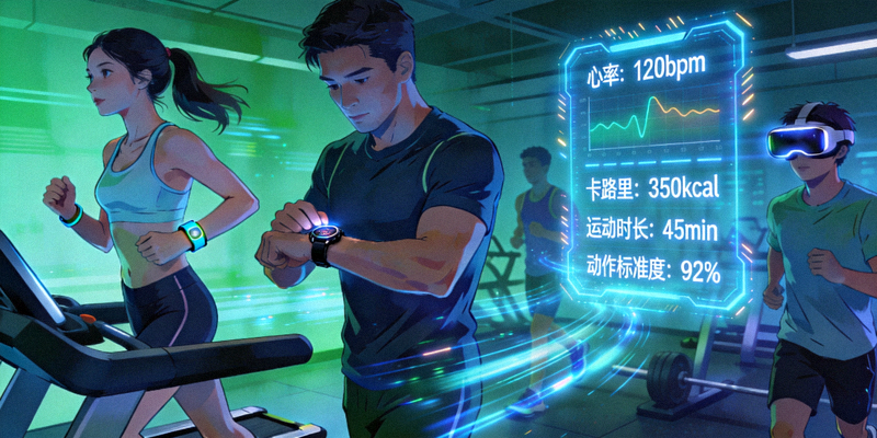 科技赋能智慧体育场景 - 人们使用智能设备进行健身，数据可视化界面展示
