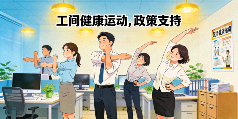 上班族在办公室进行工间站立拉伸运动 - 政策支持下的职场健康场景