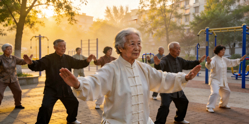 社区晨练太极拳活动 - 老年居民在清晨的广场上集体练习太极拳