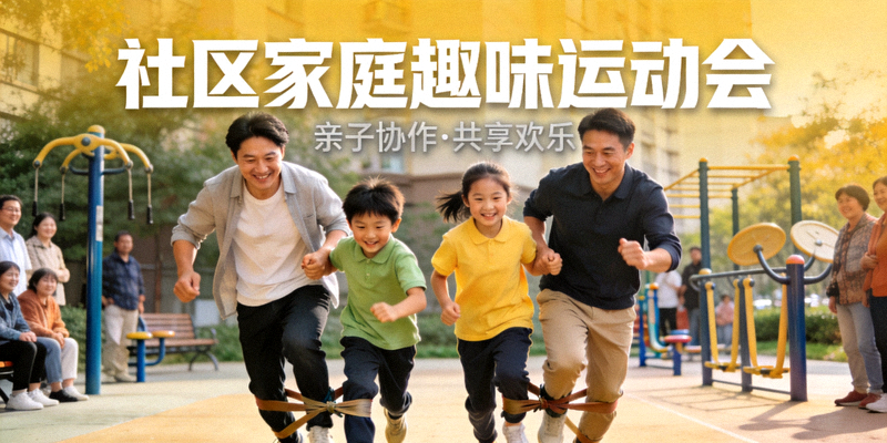 社区家庭趣味运动会 - 父母与孩子共同参与三人四足等趣味比赛