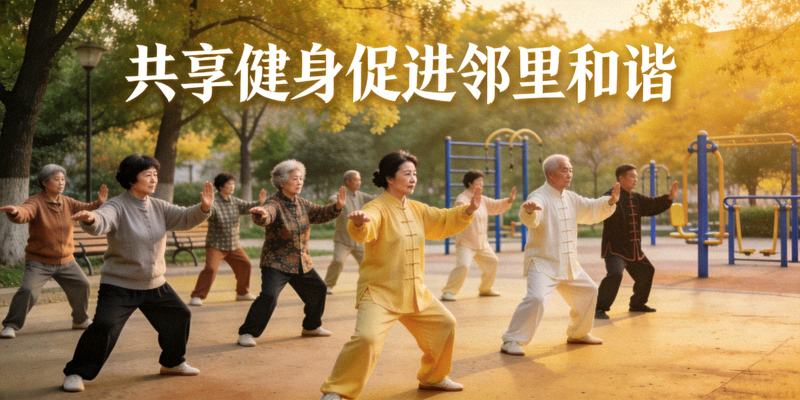 社区居民在公园集体练习太极拳 - 共享健身促进邻里和谐