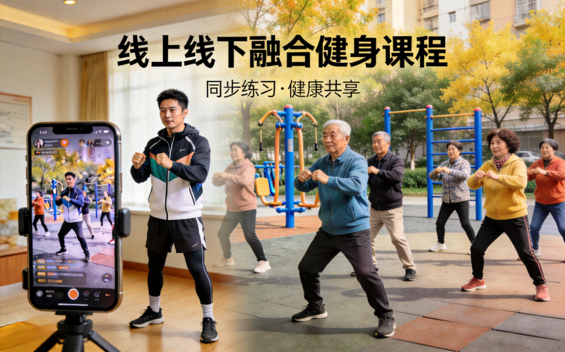 线上线下融合健身课程 - 教练线上直播指导，社区居民在广场同步练习