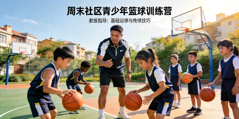 周末社区青少年篮球训练营 - 教练指导孩子们学习篮球基础技巧