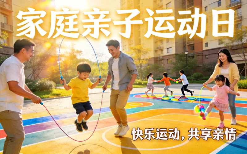 家庭亲子运动日社区活动 - 父母与孩子一起参与户外运动游戏