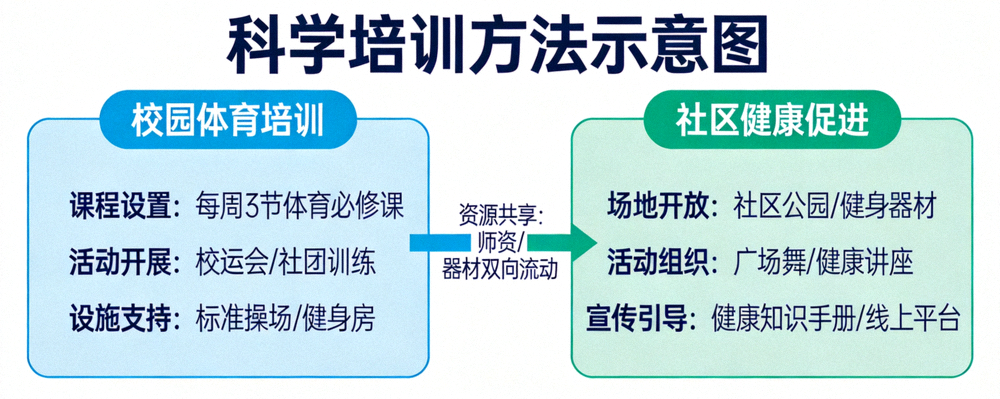 科学培训方法示意图 - 图表展示从校园到社区的体育培训与健康促进路径