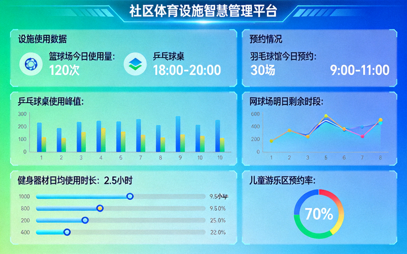 社区体育设施智慧管理平台大屏 - 展示设施使用数据及预约情况
