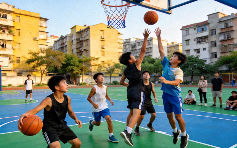 校园篮球培训课后延伸至社区球场 - 青少年在社区篮球场进行比赛