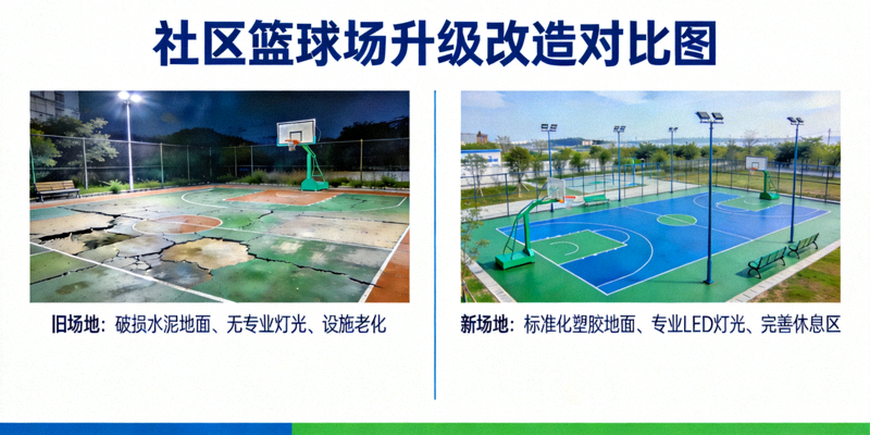 社区篮球场升级改造对比图 - 旧场地翻新为标准化灯光球场