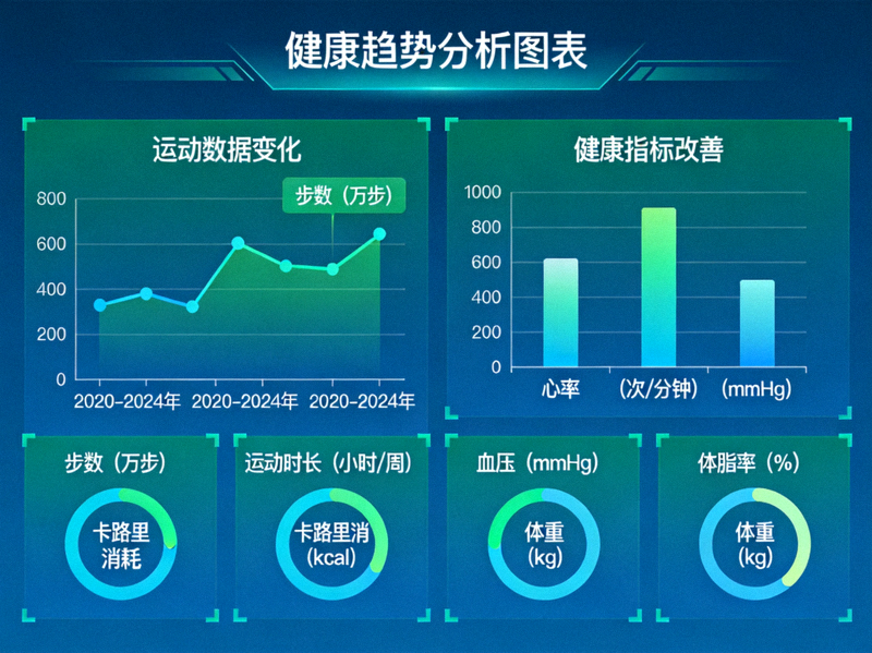 健康趋势分析图表 - 展示长期运动数据变化和健康指标改善趋势