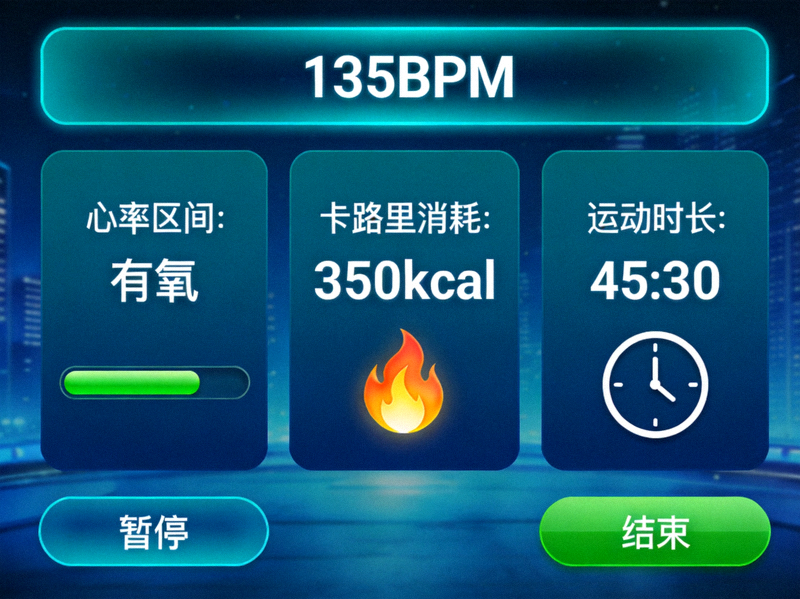 实时运动数据监测界面 - 显示心率区间、卡路里消耗和运动时长