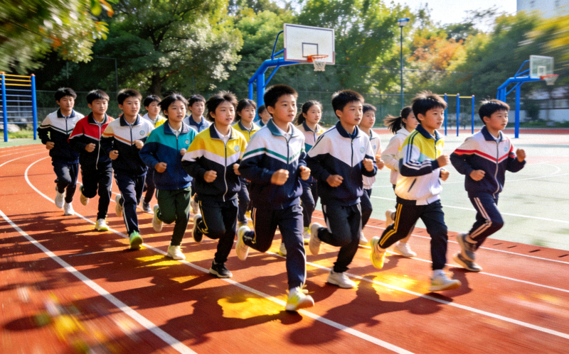 青少年在操场进行团体跑步训练 - 展现团队协作与体能锻炼场景