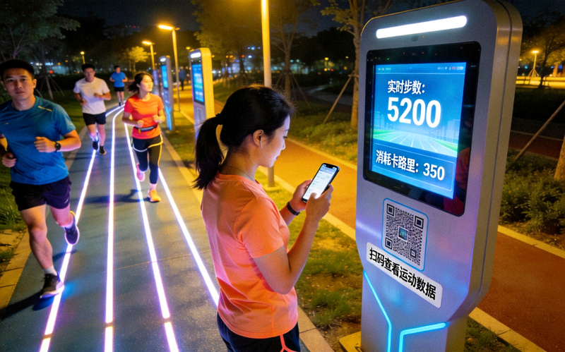 社区智慧健身步道 - 带有数据屏幕和二维码的智能跑道，市民夜跑