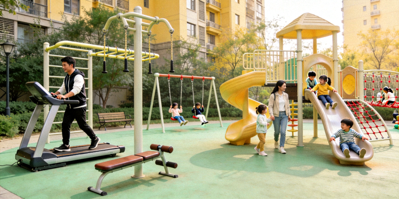 社区多功能健身区与儿童游乐设施结合 - 家长健身同时孩子在一旁安全玩耍