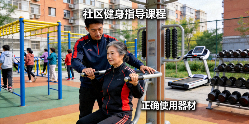 社区健身指导课程 - 专业教练在健身区指导居民正确使用器材