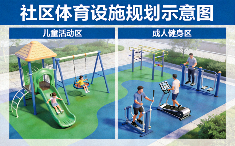 社区体育设施规划示意图 - 儿童与成人在社区健身区活动