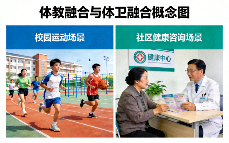 体教融合与体卫融合概念图 - 学生在校园运动，居民在社区健康中心咨询
