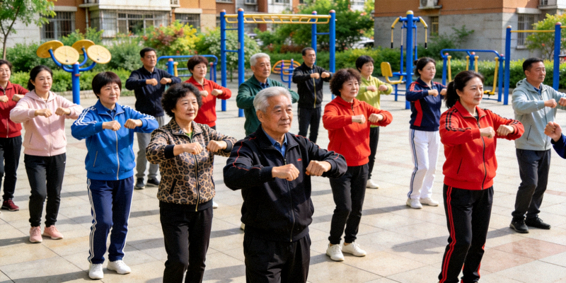 线下社区体育活动实拍 - 居民在社区广场参加集体健身操