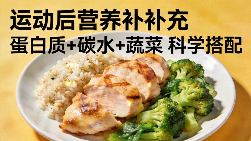 运动后营养补充 - 健康餐盘包含蛋白质、碳水与蔬菜