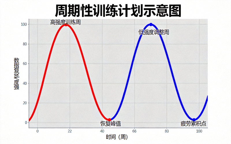 周期性训练计划示意图 - 展示训练强度与恢复周期的波动曲线