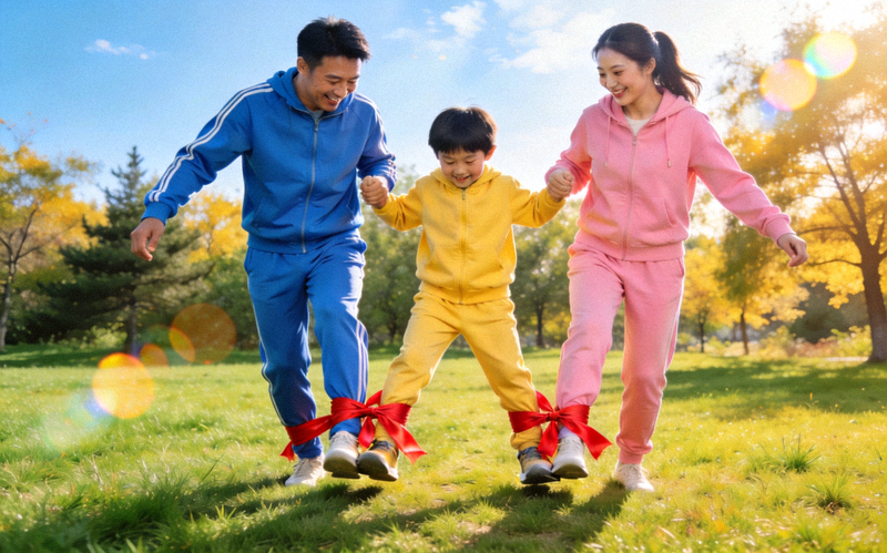 家庭亲子趣味运动会 - 父母与孩子在草地上进行三人两足游戏