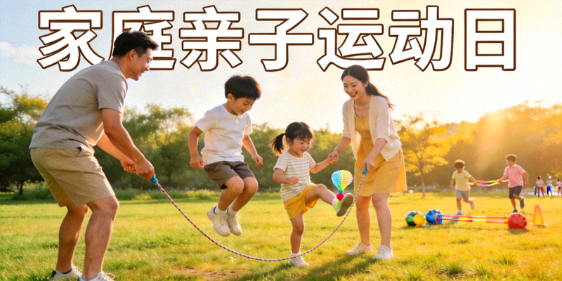 家庭亲子运动日场景 - 父母与孩子在家中或户外一起进行趣味体育游戏