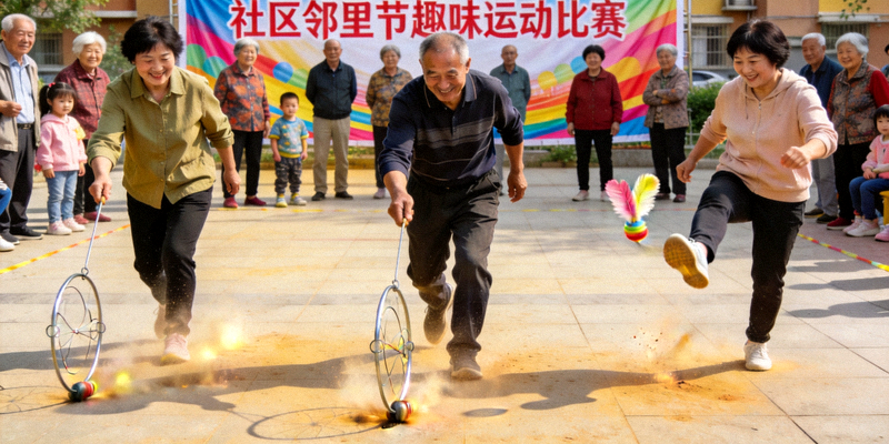 社区邻里节趣味运动比赛 - 居民参加滚铁环、踢毽子等怀旧游戏
