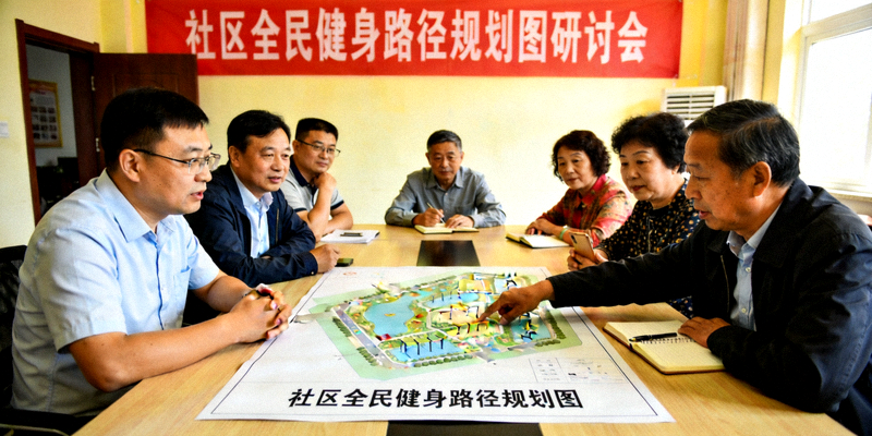 社区全民健身路径规划图研讨会 - 工作人员与居民代表讨论规划方案