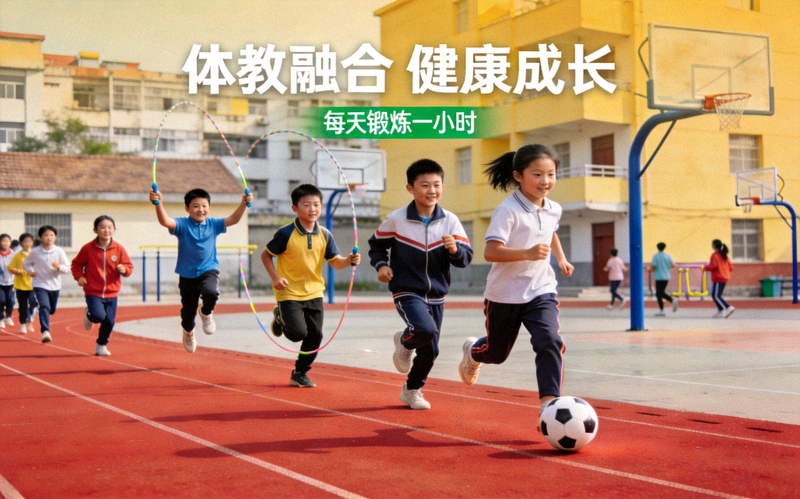 体教融合政策下学生在校园操场进行体育锻炼的场景