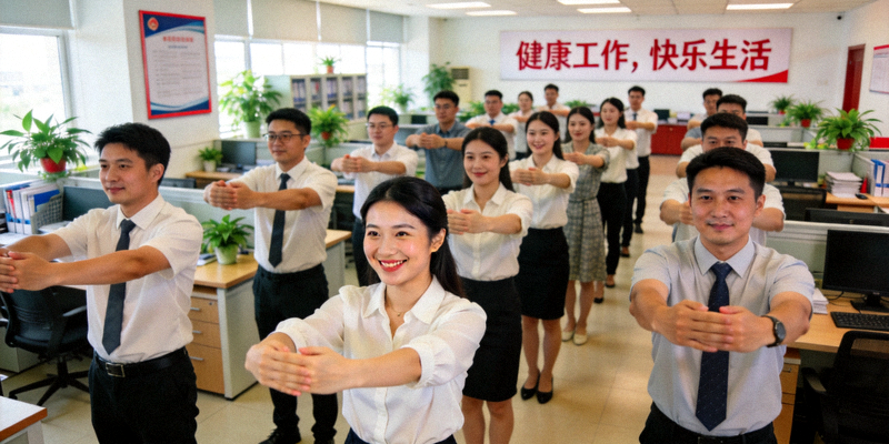 职工工间操活动照片 - 企事业单位员工在办公区域集体进行健身活动