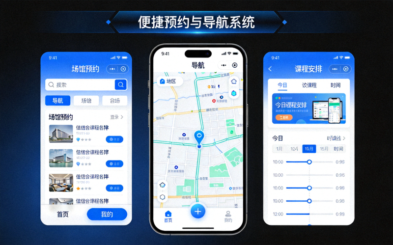 便捷预约与导航系统 - 手机APP界面展示场馆预约、导航与课程安排