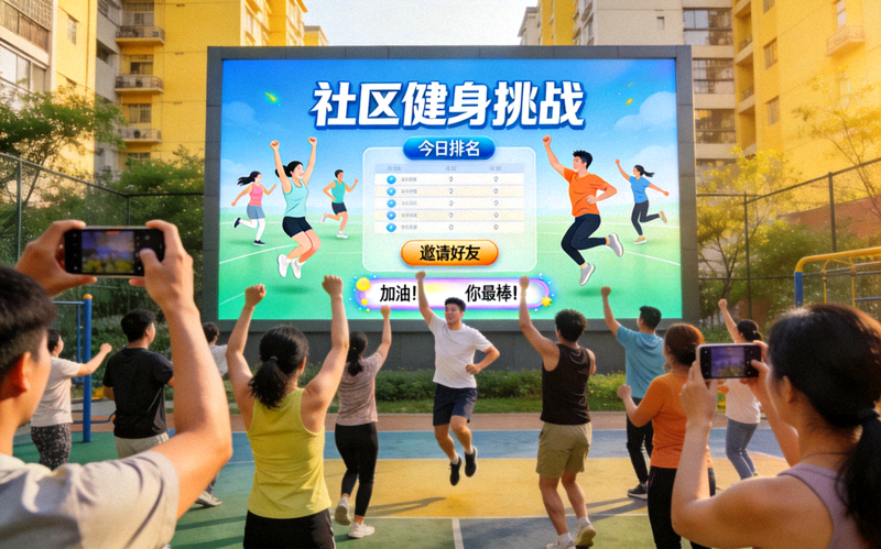 互动与社交功能 - 人们在社区健身屏幕前参与线上竞赛与社交互动