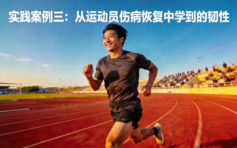 实践案例三：从运动员伤病恢复中学到的韧性 - 跑者在伤愈后于跑道上重新开始慢跑，面带微笑