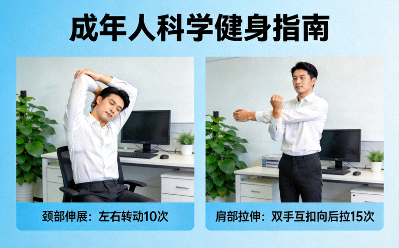 成年人科学健身指南 - 上班族在办公室进行伸展运动