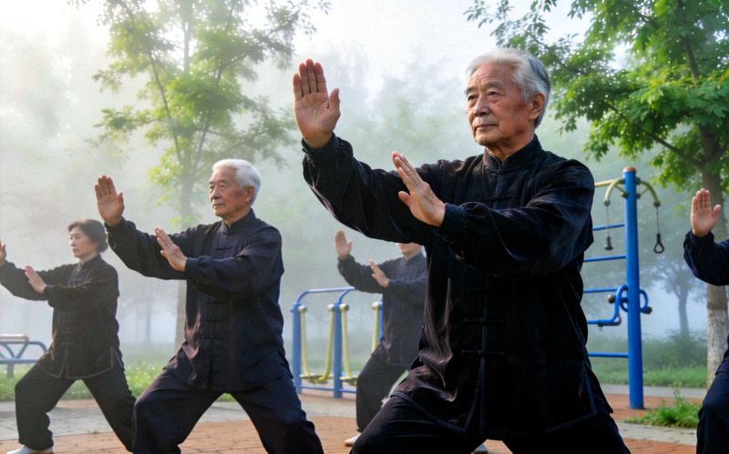 老年人在社区公园练习太极拳 - 动作舒缓整齐
