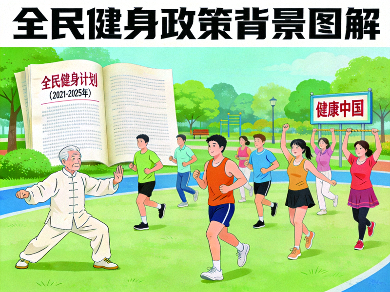 全民健身政策背景图解 - 人们在公园集体锻炼，背景有政策文件元素