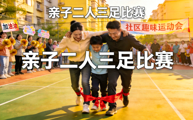 社区趣味运动会亲子二人三足比赛 - 父母与孩子协同前进