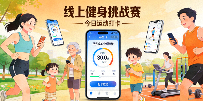 线上健身挑战赛 - 人们通过手机APP参与运动打卡