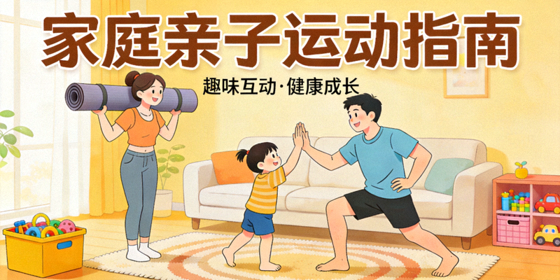 家庭亲子运动指南配图 - 父母与孩子在客厅做趣味运动