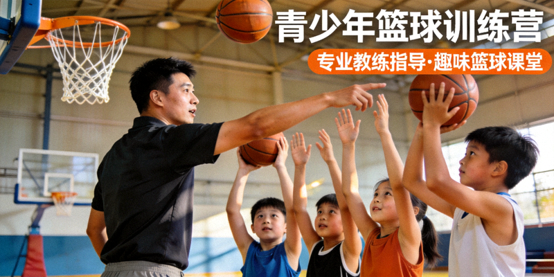 青少年篮球训练营活动 - 孩子们在教练指导下练习投篮