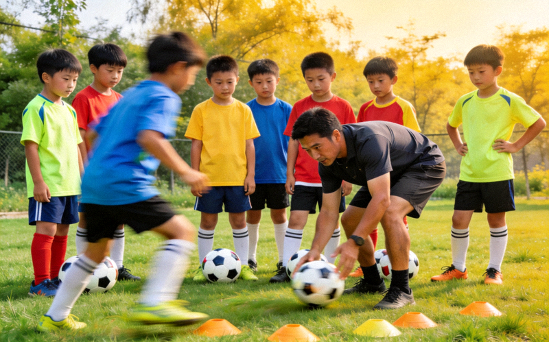 青少年体育夏令营活动现场 - 孩子们在教练指导下进行足球训练