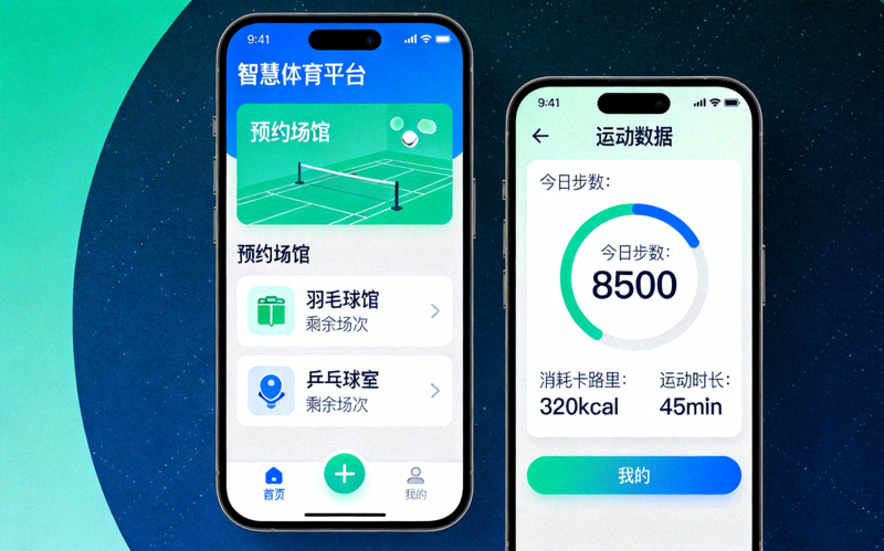智慧体育平台手机界面展示 - 用户通过APP预约场馆、查看运动数据