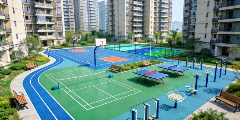 某城市‘15分钟健身圈’示范社区全景 - 展示各类体育设施合理分布在居住区周围