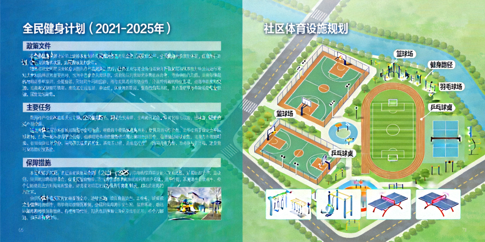 全民健身计划政策文件与社区体育设施规划图对比展示