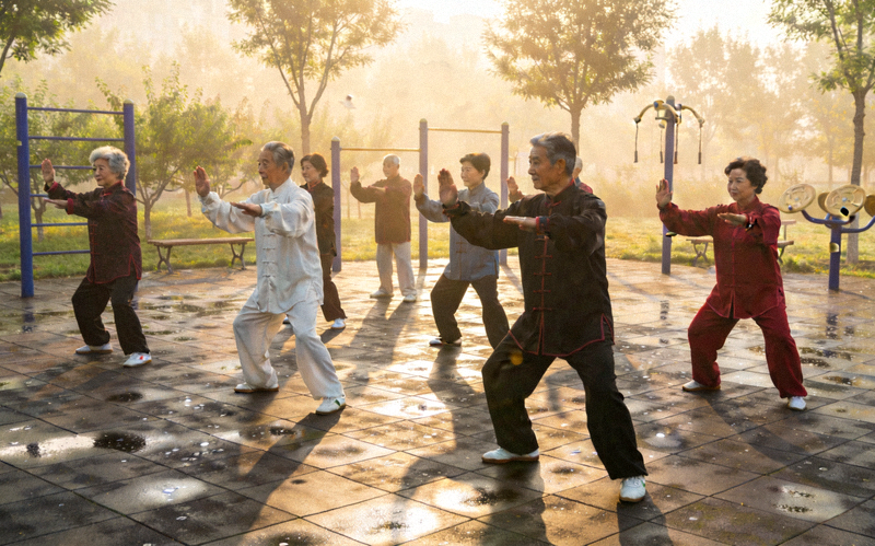 社区居民在公园集体练习太极拳 - 清晨阳光下中老年人整齐划一的动作
