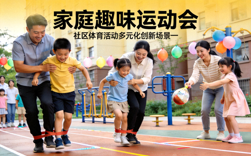 社区体育活动多元化创新场景一 - 家庭趣味运动会中父母与孩子协作完成比赛