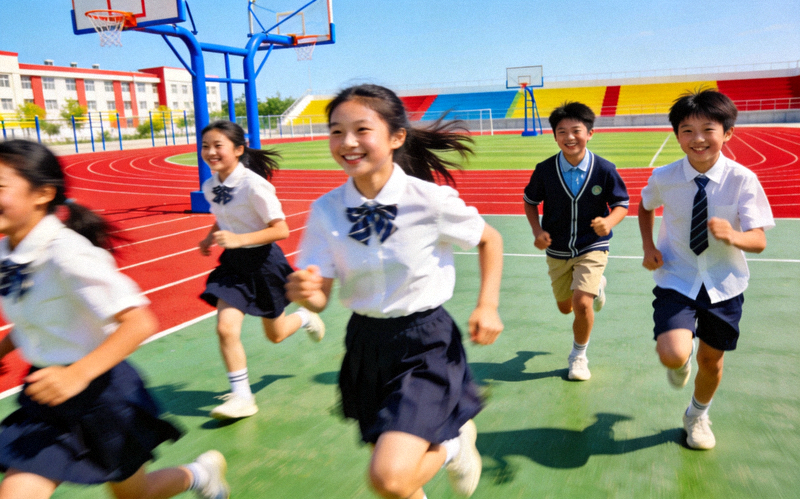 学校学生在操场进行阳光体育活动 - 孩子们快乐奔跑跳跃