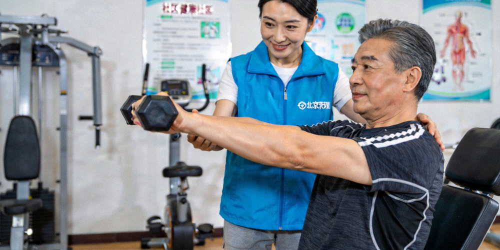 北京朝阳区社区健康管家指导居民进行力量训练 - 指导员与居民在社区健身房