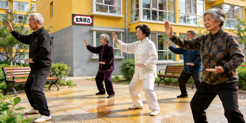 成都老旧小区“金角银边”改造 - 居民在改造后的空地上打太极拳
